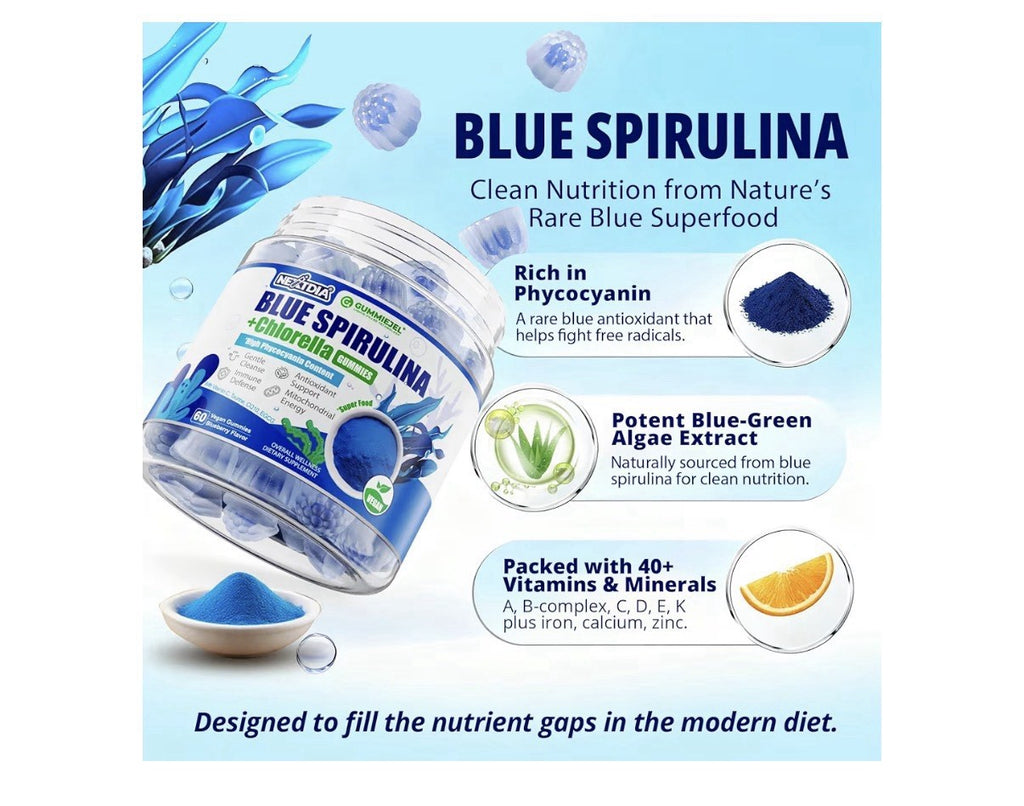 2 Pack Nextdia Blue Spirulina + Chlorella Gummies High Phycocyanin Content