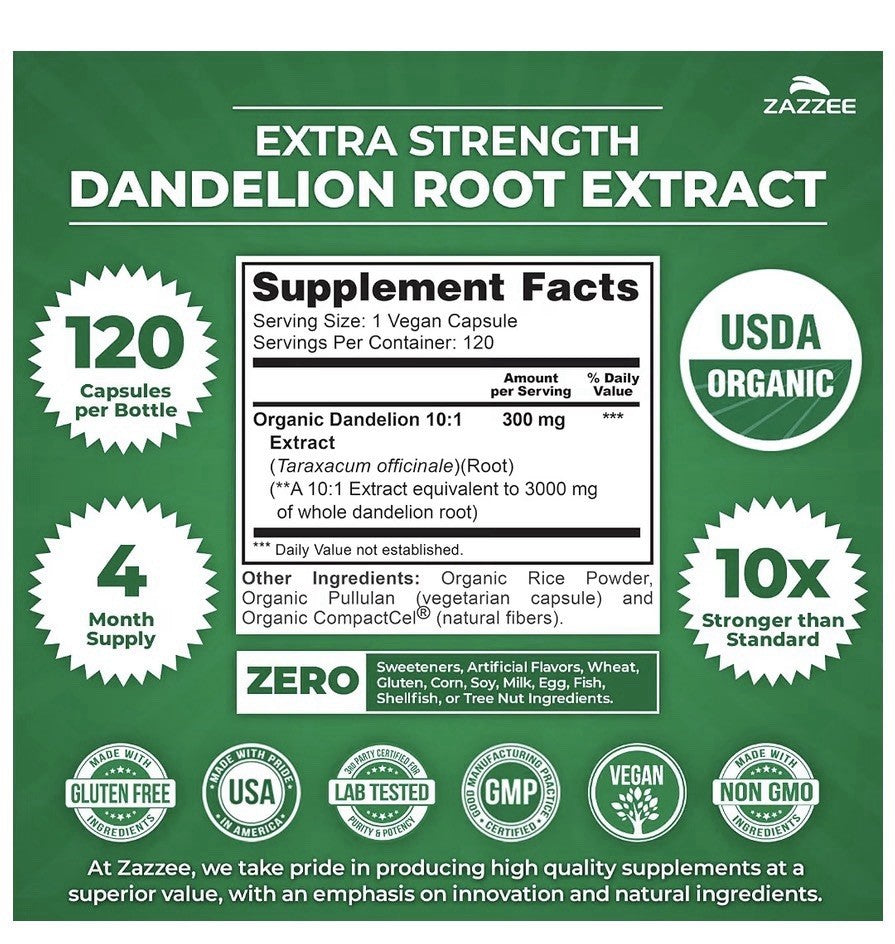 Zazzee Dandelion Root Digestive Water Balance Liver Support 4 Month Supply 120ca