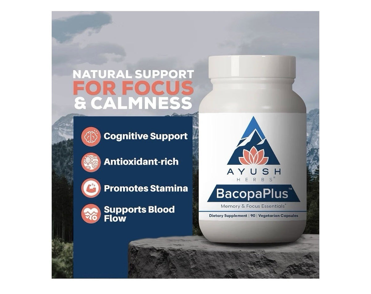 Ayush Herbs BacopaPlus Memory & Focus Essentials Bacopa Gotu Kola 90 Capsules