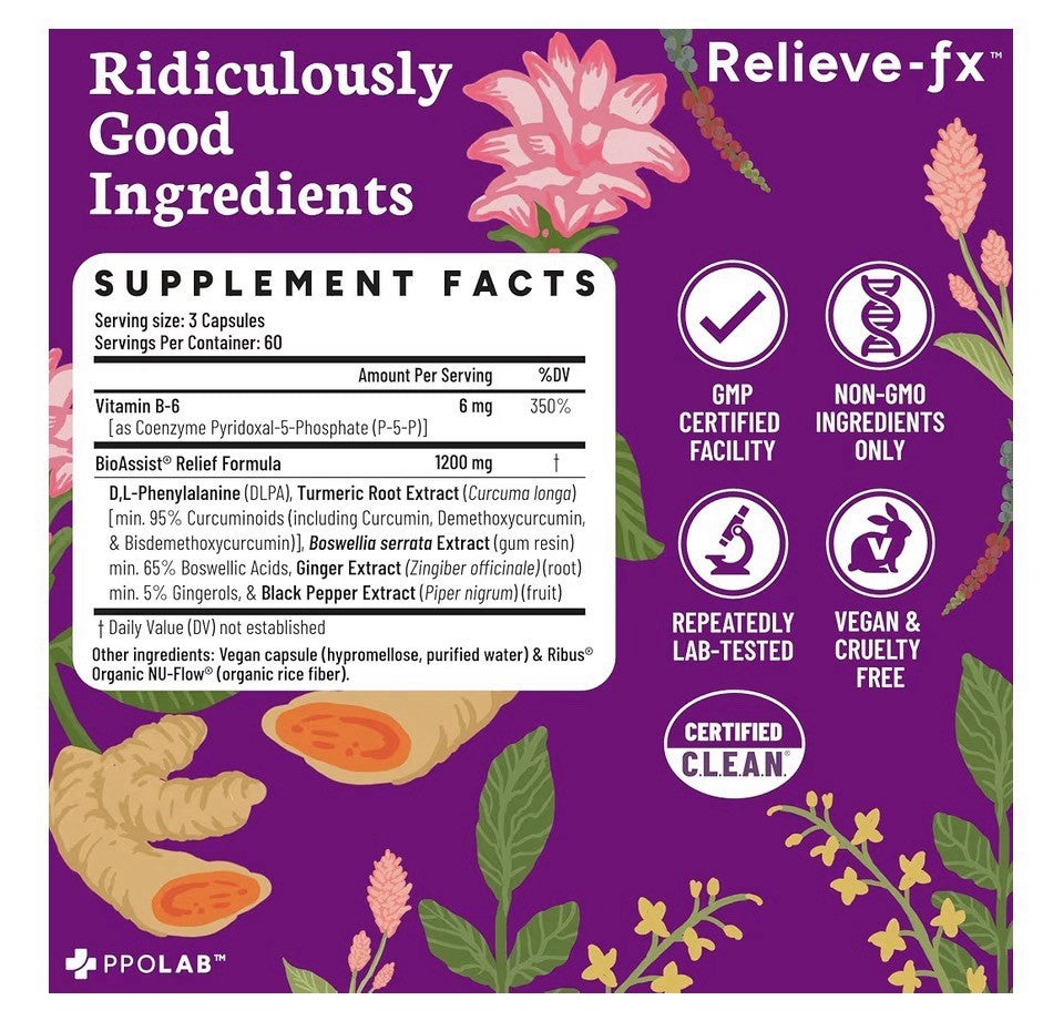 PPO Lab Relieve-fx™ BioAssist DLPA Boswellia Turmeric Ginger Supplement 180 Caps