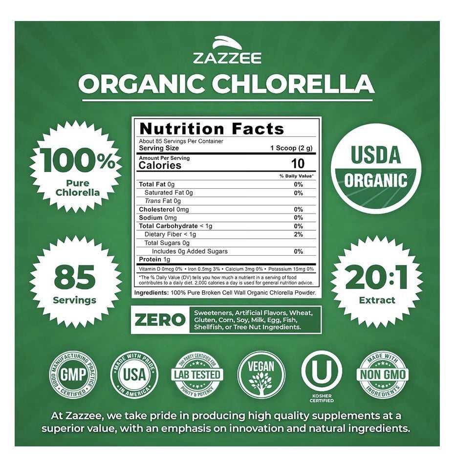 Zazzee Organic Chlorella Powder Broken Cell Wall 6 oz Pure 85 Servings