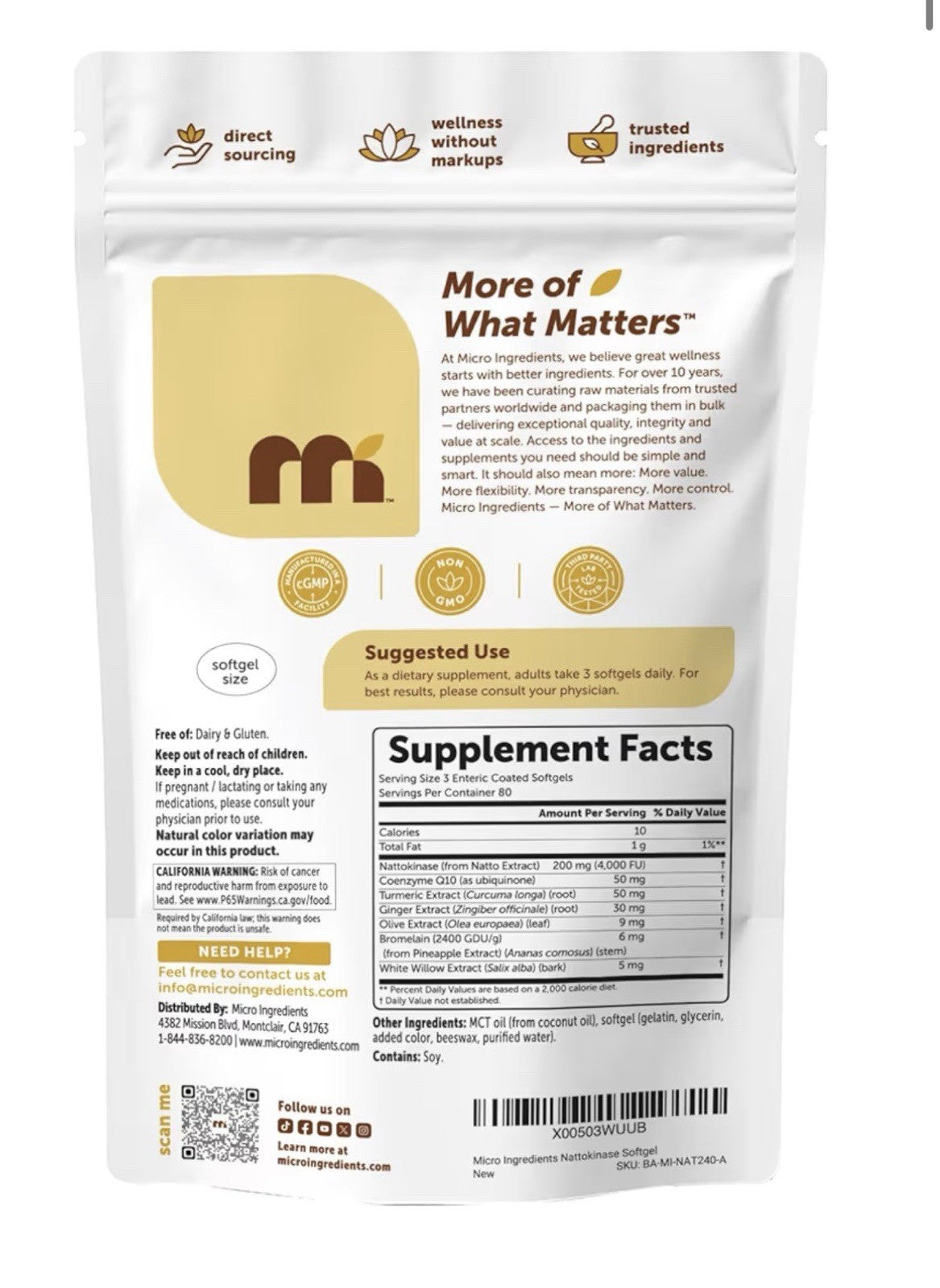 Micro Ingredients Nattokinase 4,000 FU Per Serving 240 Softgels