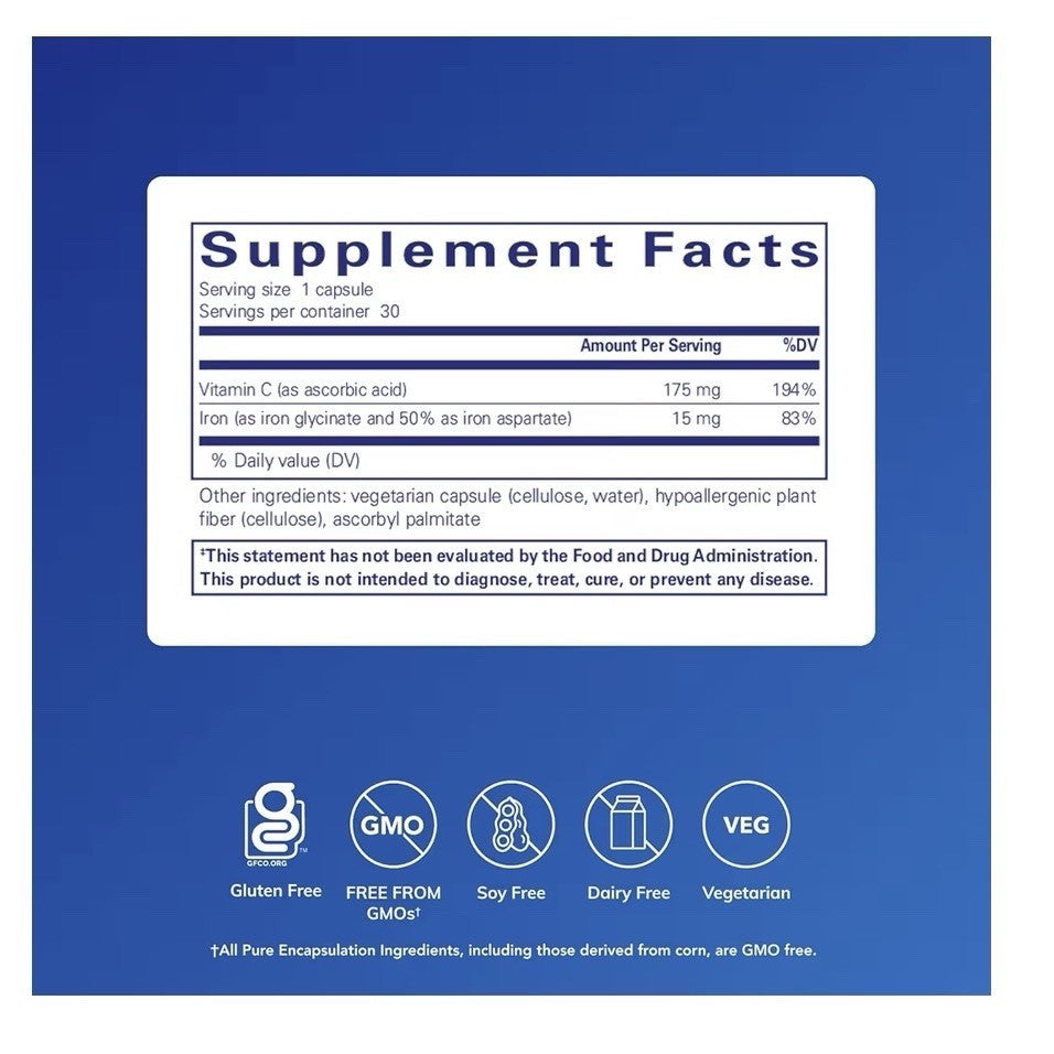 Pure Encapsulations Iron-C 15 mg 175 mg Vitamin C Red Blood Cell Support 30 Caps