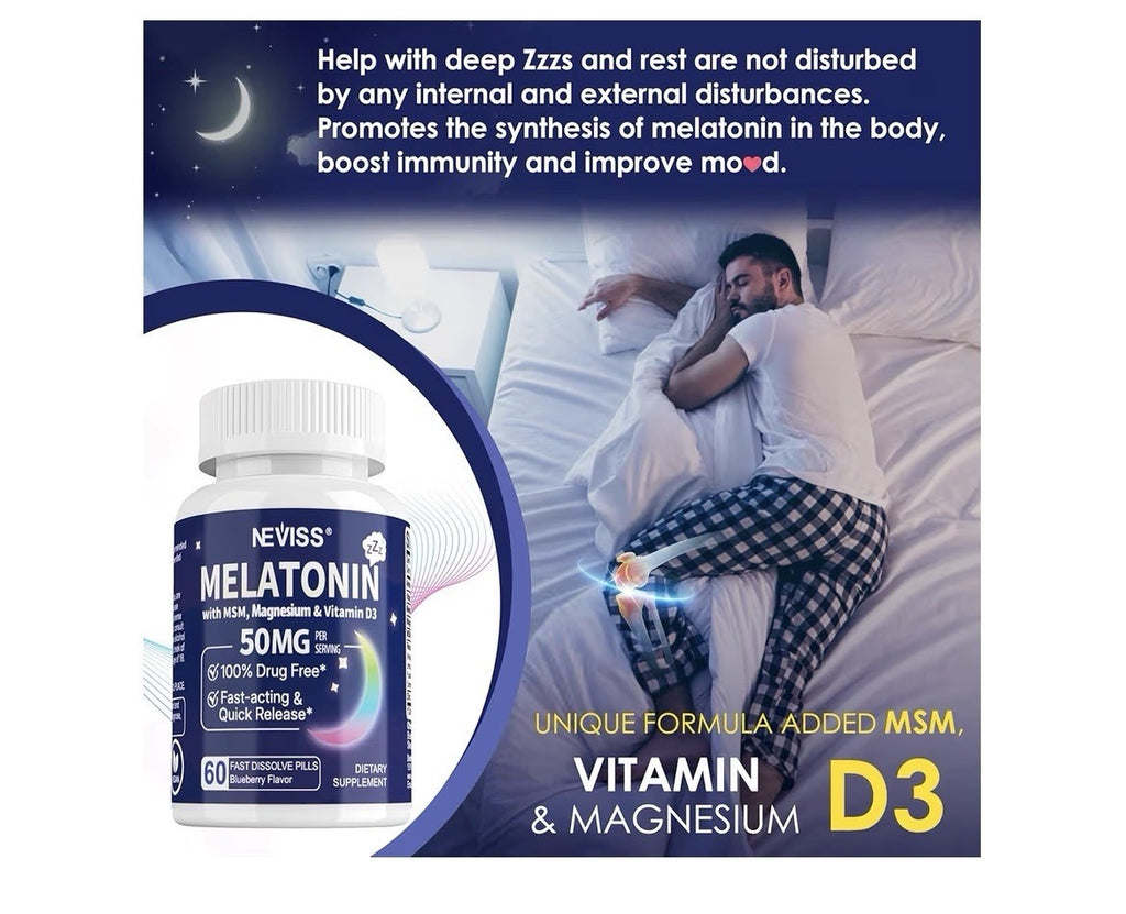 NEVISS Melatonin 50 mg With MSM, Magnesium, Vitamin D3 Fast Acting 60 Tablets