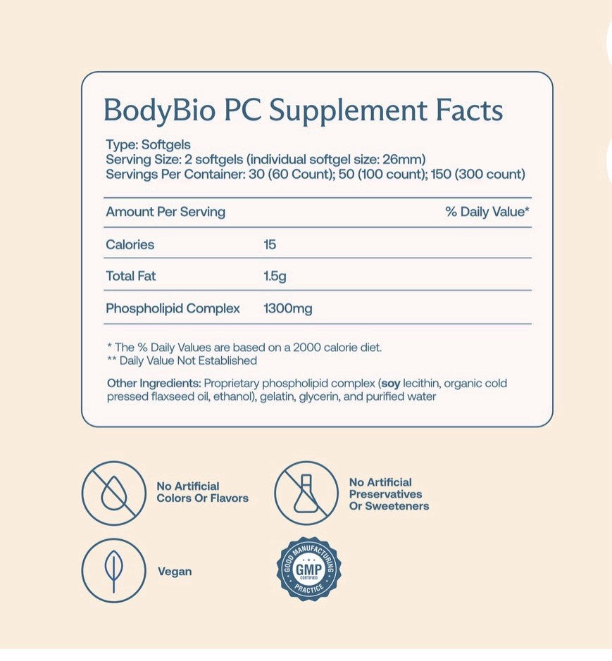 BodyBio PC Liposomal Phospholipid Complex Brain Health Mental Clarity 100Softgel