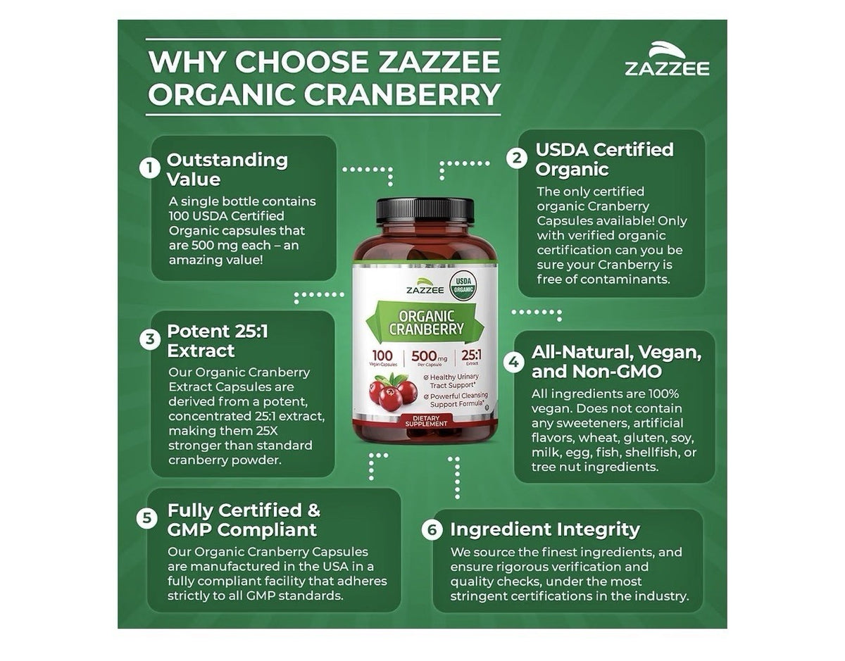 Zazzee Organic Cranberry Healthy Urinary Tracy Support 100 Day Supply 100Capsule