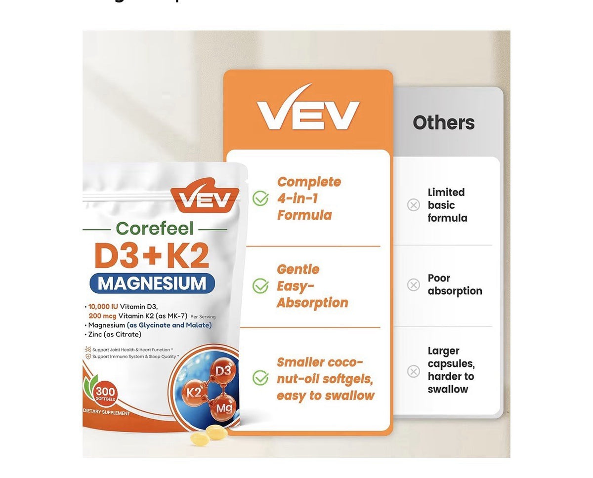 VEV Corefeel Vitamin D3 + K2 Magnesium Zinc Joints Heart Immune Support 300sgels