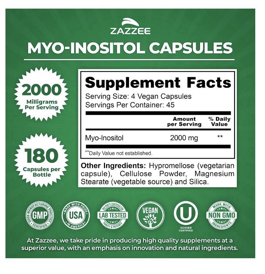 Zazzee Myo-Inositol Women’s Reproductive Health Healthy Ovarian Function 180caps