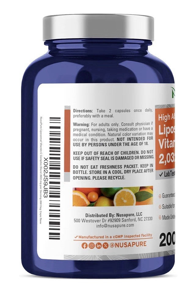 NusaPure Liposomal Vitamin C 2032mg Per Serving 200 Veg Capsules 100 Servings