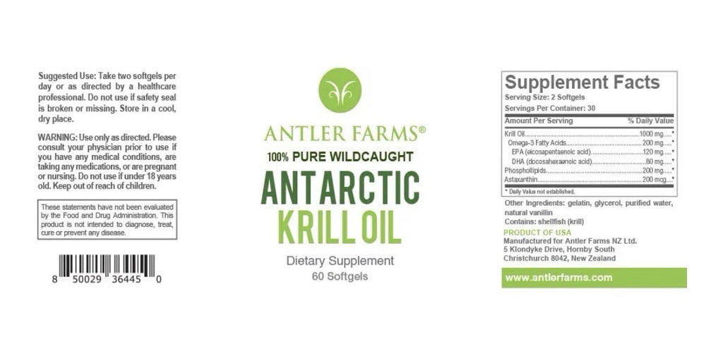 Antler Farms Antarctic Krill Oil 100% Pure Wild Caught Omega 3 EPA DHA 60softgel