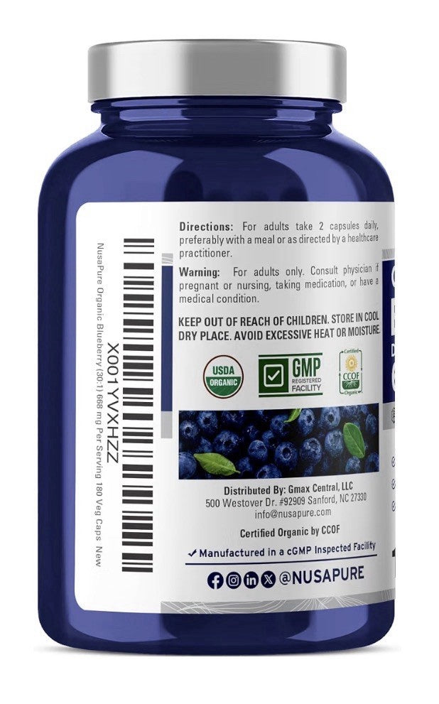 NusaPure Organic Blueberry 668mg Per Serving 180 Veg Capsules 90 Servings
