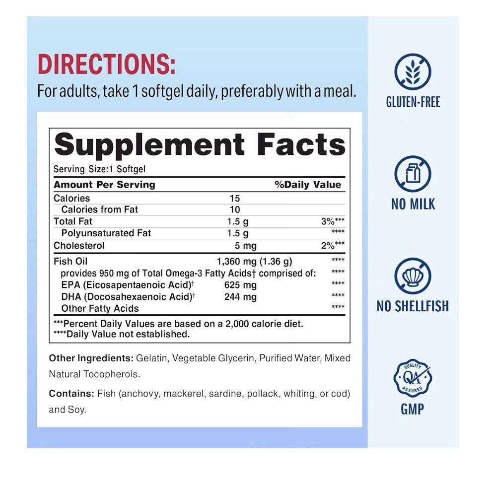 Vitamin World Omega 3 Fish Oil 1360 mg Triple Strength Supplement 120 Softgels