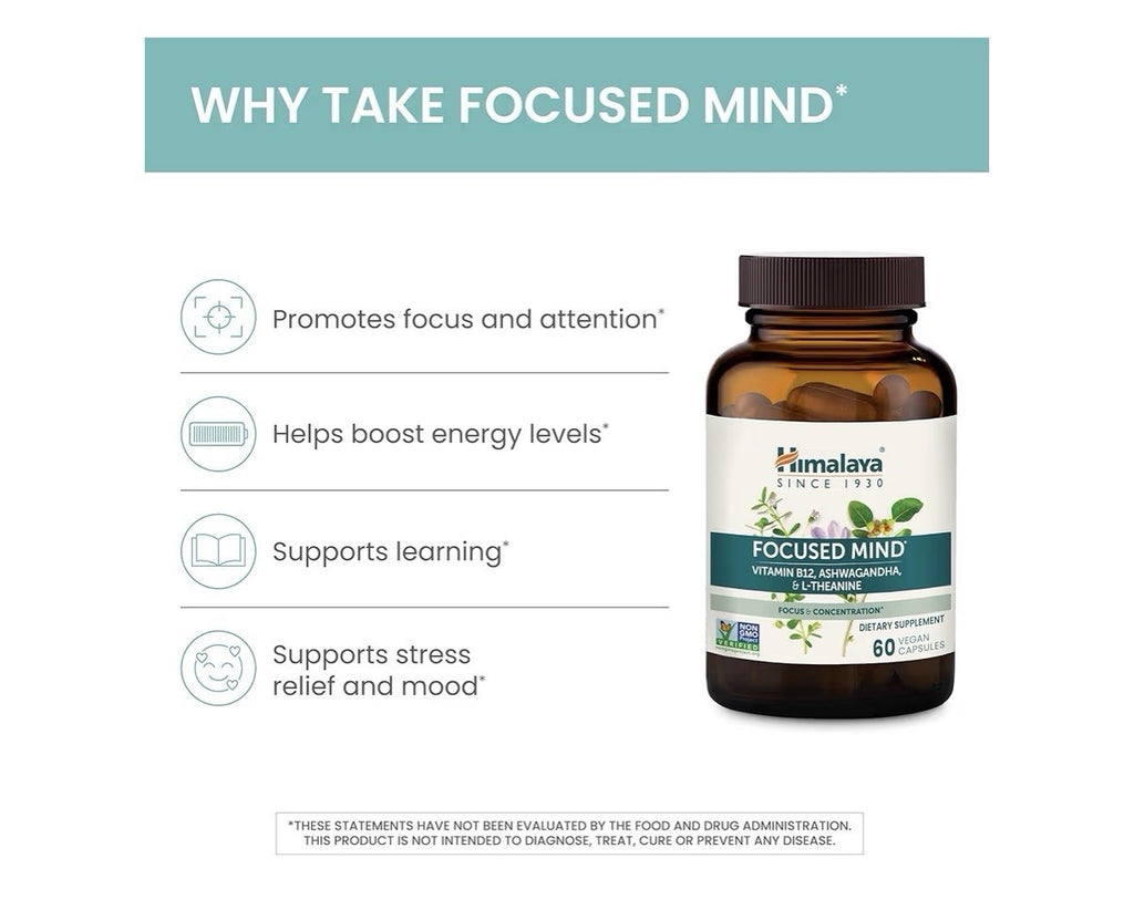 Himalaya Focused Mind Supplement Focus & Concentration Energy Support 60Capsules