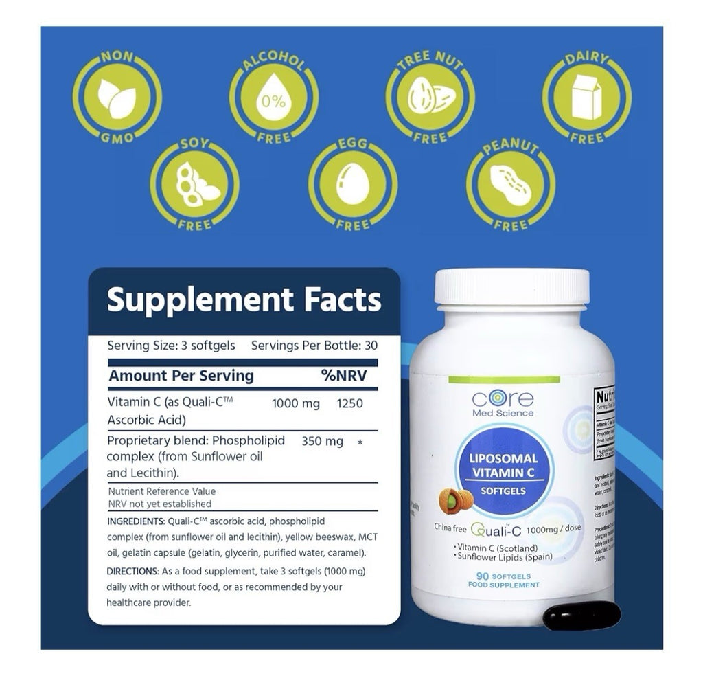 Core Med Science Liposomal Vitamin C 1000mg Immune Collagen Support 90 Softgels