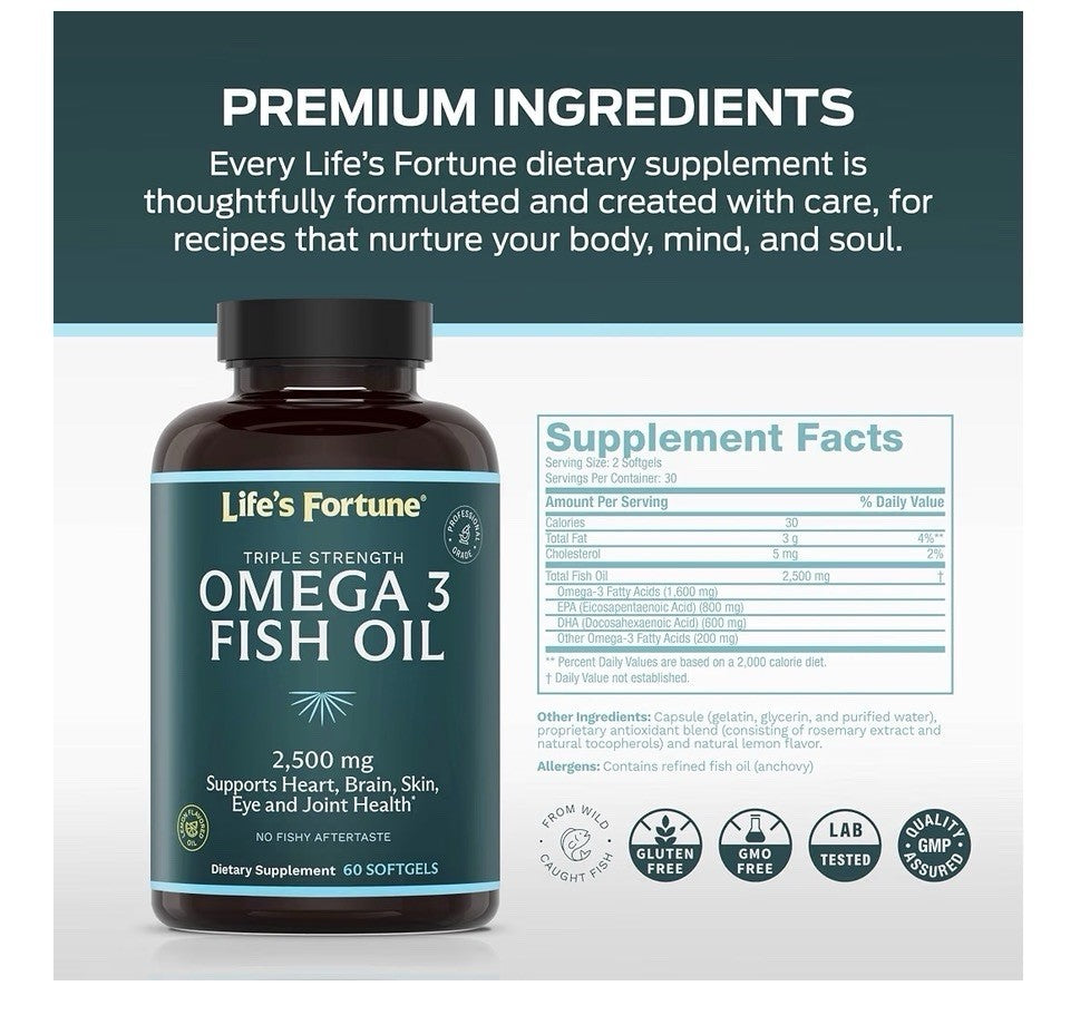 Life's Fortune Omega 3 Fish Oil 2500 mg Heart Brain Skin Eye Joint Health 60sgel