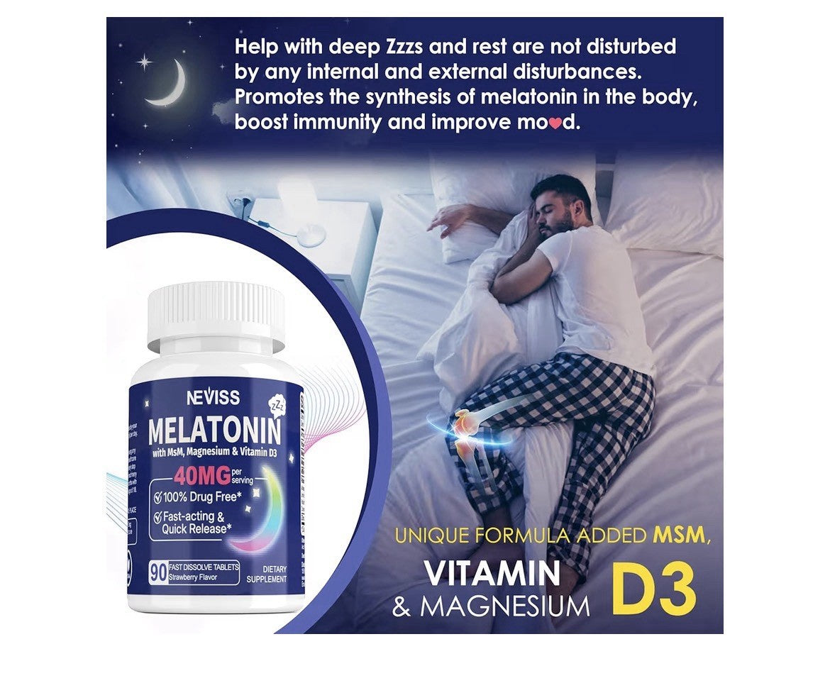 2 Pack NEVISS Melatonin 40 mg With MSM, Magnesium, Vitamin D3 Fast Acting