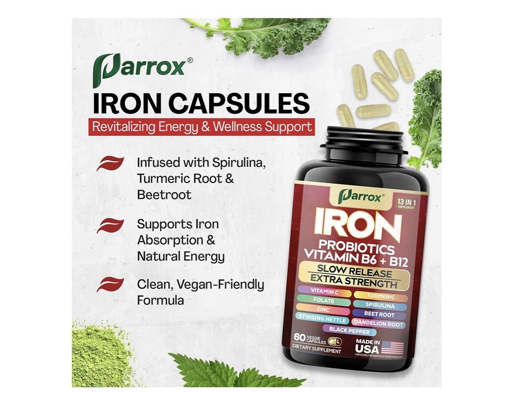 Parrox Iron Probiotics Vitamins B6 + B12 Supplement Extra Strength 60 Capsules