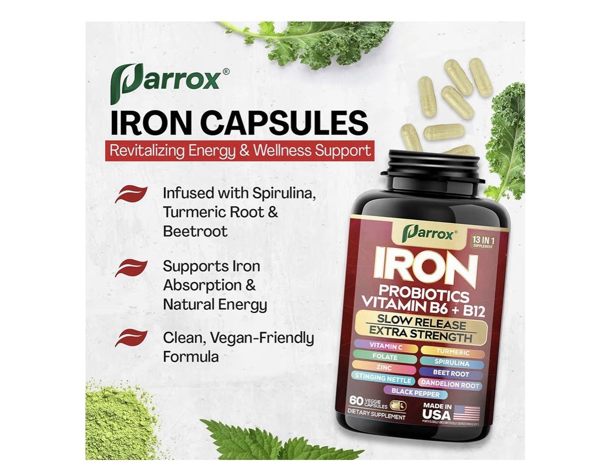 Parrox Iron Probiotics Vitamins B6 + B12 Supplement Extra Strength 60 Capsules