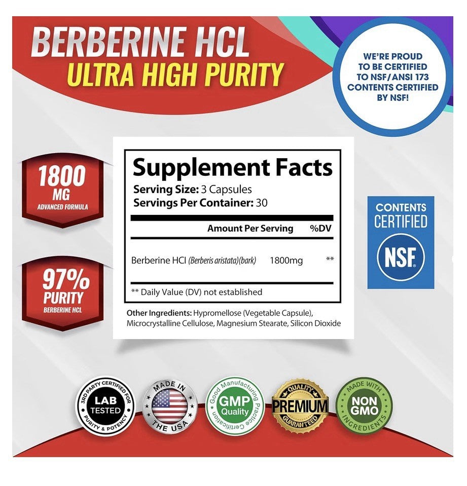 Toplux Berberine Extract 1800mg Ultra High Purity HCL 97% Purity 90 Capsules