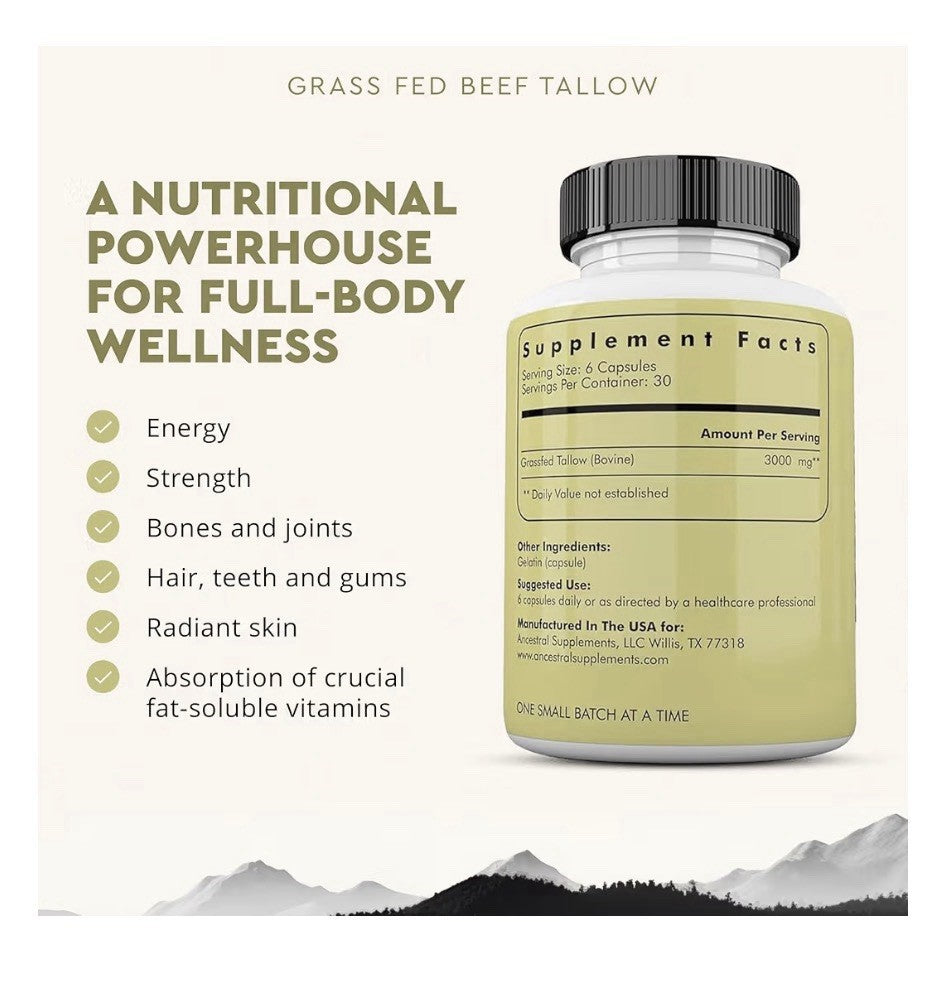 Ancestral Supplements Beef Tallow Grass Fed Pasture Raised Supplement 180capsule