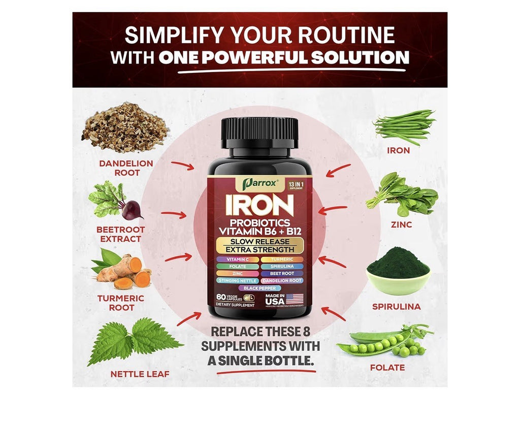 Parrox Iron Probiotics Vitamins B6 + B12 Supplement Extra Strength 60 Capsules