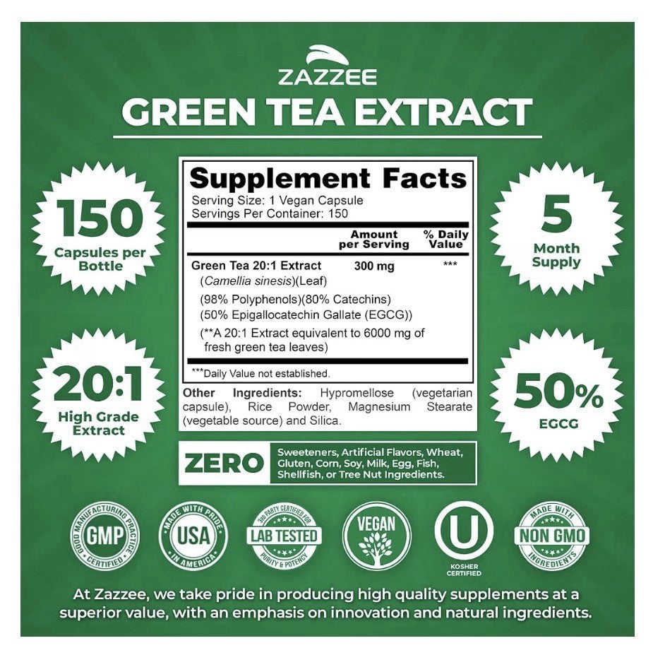Zazzee Green Tea Supports Optimal Metabolism Healthy Energy Levels 5Month Supply