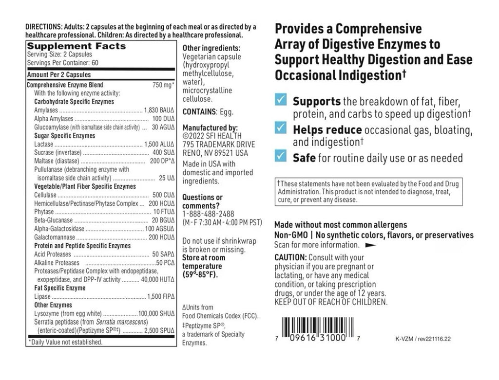 SFI Health Ther-Biotic Vital-Zymes Complete Multi Enzyme Digestive Health 120cap