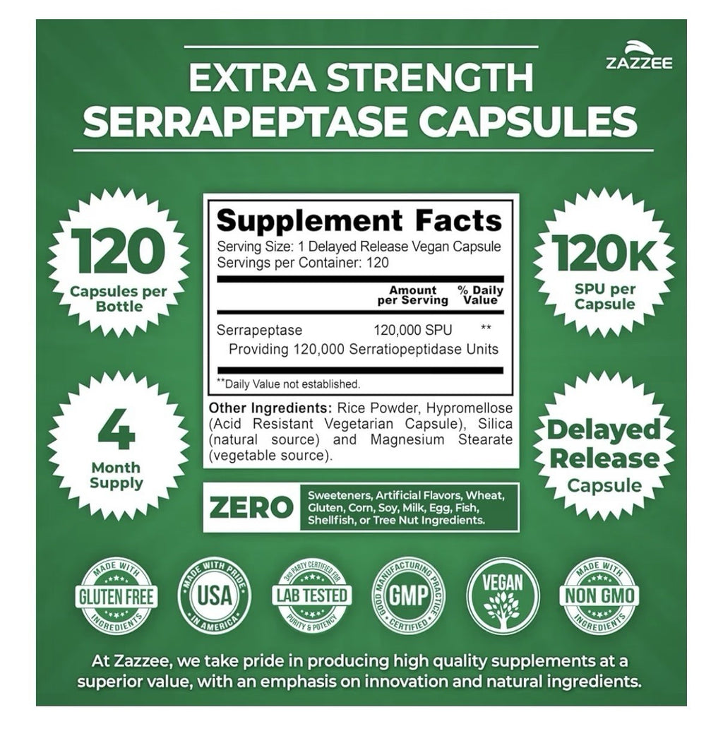 Zazzee Serrapeptase Systemic Enzymes Immune Repiratory Health 4Month Supply 120c