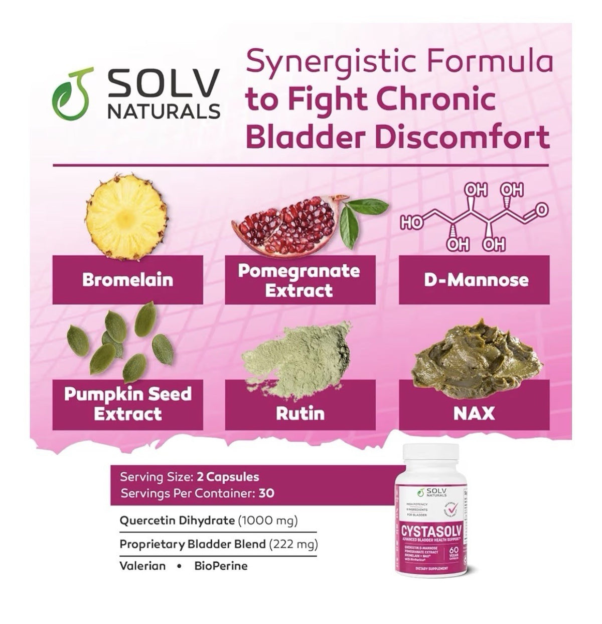 CYSTASOLV Bladder Health Urinary Support  For Women & Men 60 Capsules