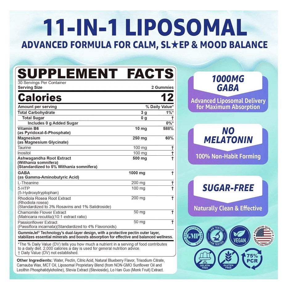 Nextdia GABA Clam Gummies 1000mg MelatoninFree Sleep Aid Calm Mood 60 Gummies