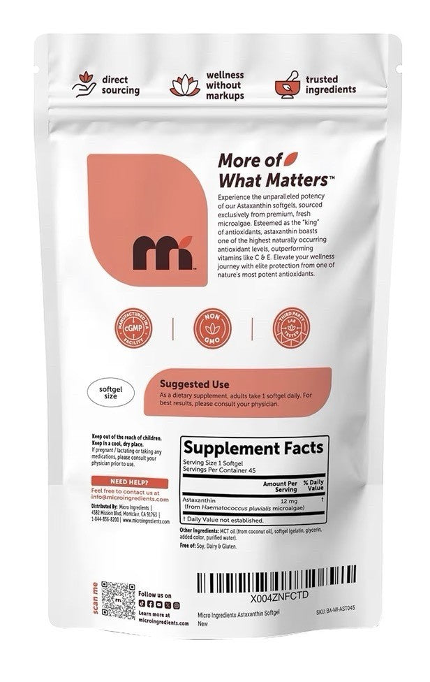 Micro Ingredients Astaxanthin 12mg From Microalgae Triple Strength 45 Softgels