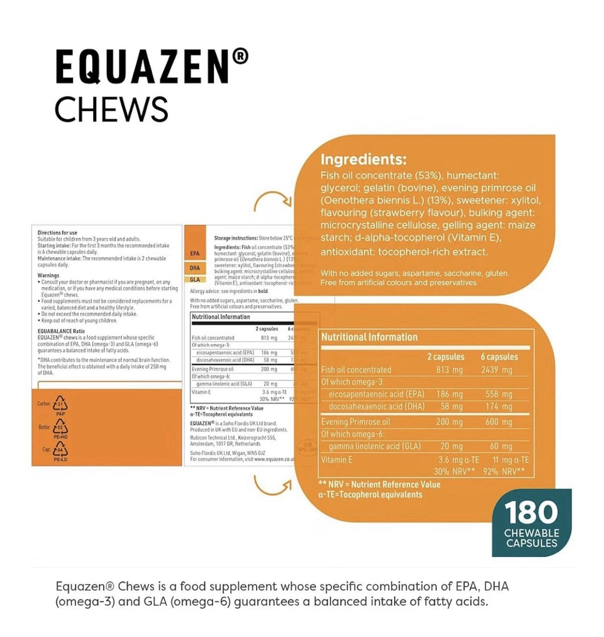 Equazen Omega 3 Omega 6 Supports Brain Function For 3+ Years 180 Chewable Caps