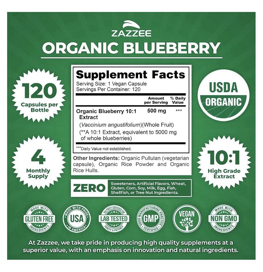 Zazzee Organic Blueberry Supports Immune Antioxidant Cellular 4Month Supply 120c
