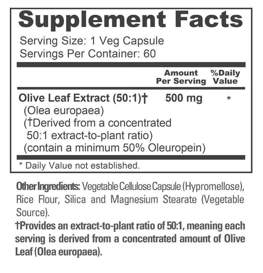 NusaPure Olive Leaf 50% Oleuropein 500 mg Per Capsule 60 Capsules 60 Servings