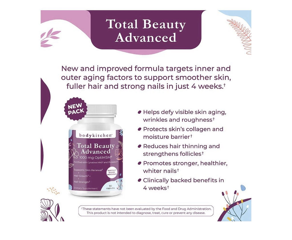 Body Kitchen Total Beauty Advanced 1000 mg OptiMSM Skin Hair Nail Support 90caps