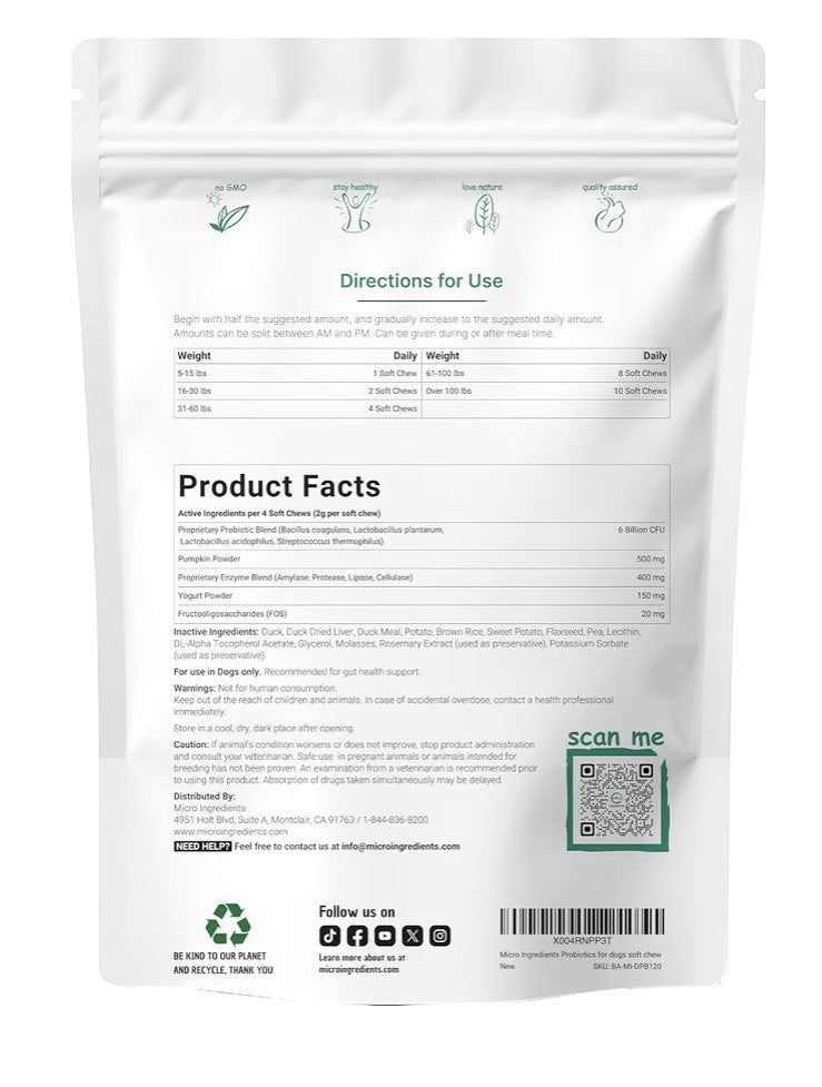 Micro Ingredients Probiotics for Dogs 6 Billion CFU 240 Soft Chews Duck Flavor