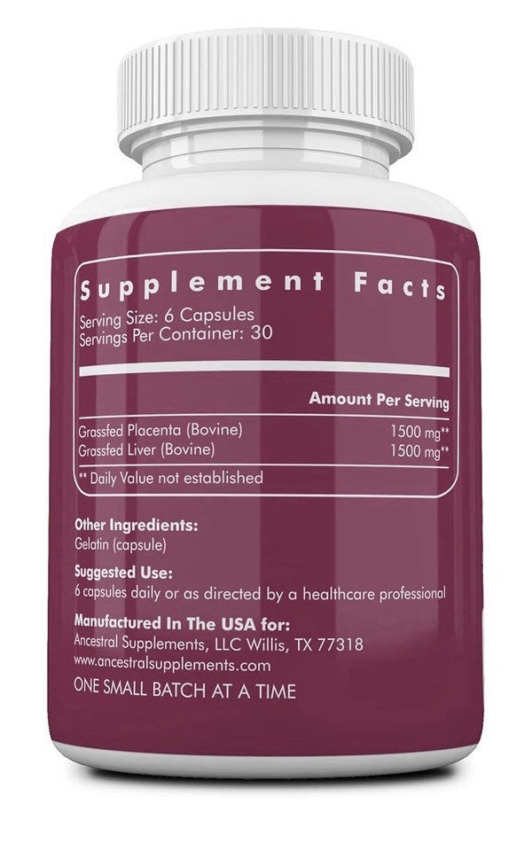 Ancestral Supplements Grass Fed Placenta Supplement Pasture Raised 180 Capsules