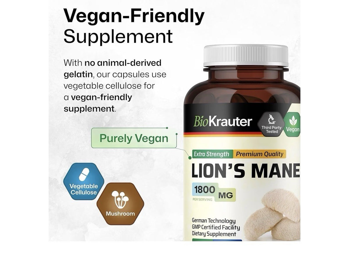 BIO KRAUTER Lion’s Mane 1800 MG  Focus Support & Brain Health 250 Capsules