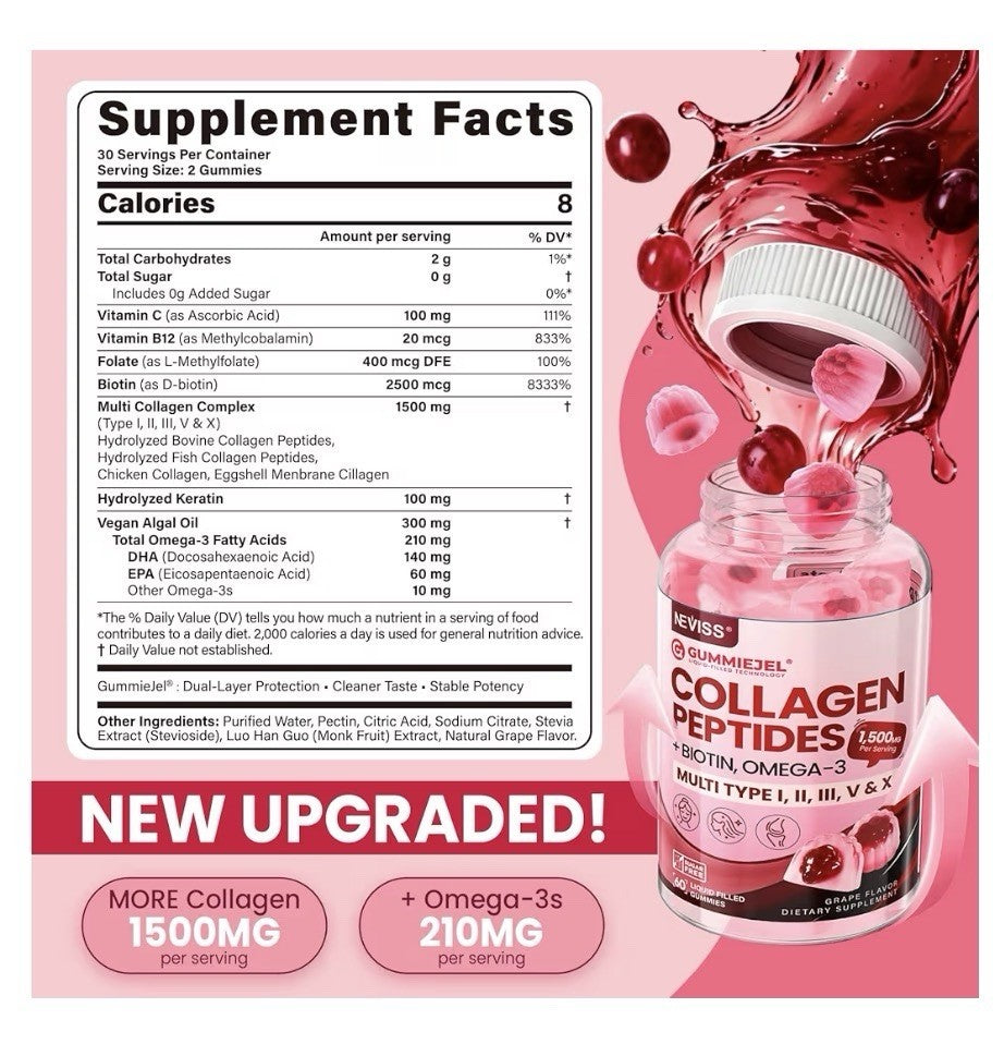 Neviss Collagen Peptides Type I,II,III,V,X Hair Skin Nails Vitamin 2Pack Gummies