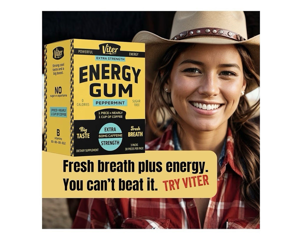 3 Pack Viter Energy Gum Peppermint Vitamin B3 B6 B9 B12 Caffeinated Total 90pcs