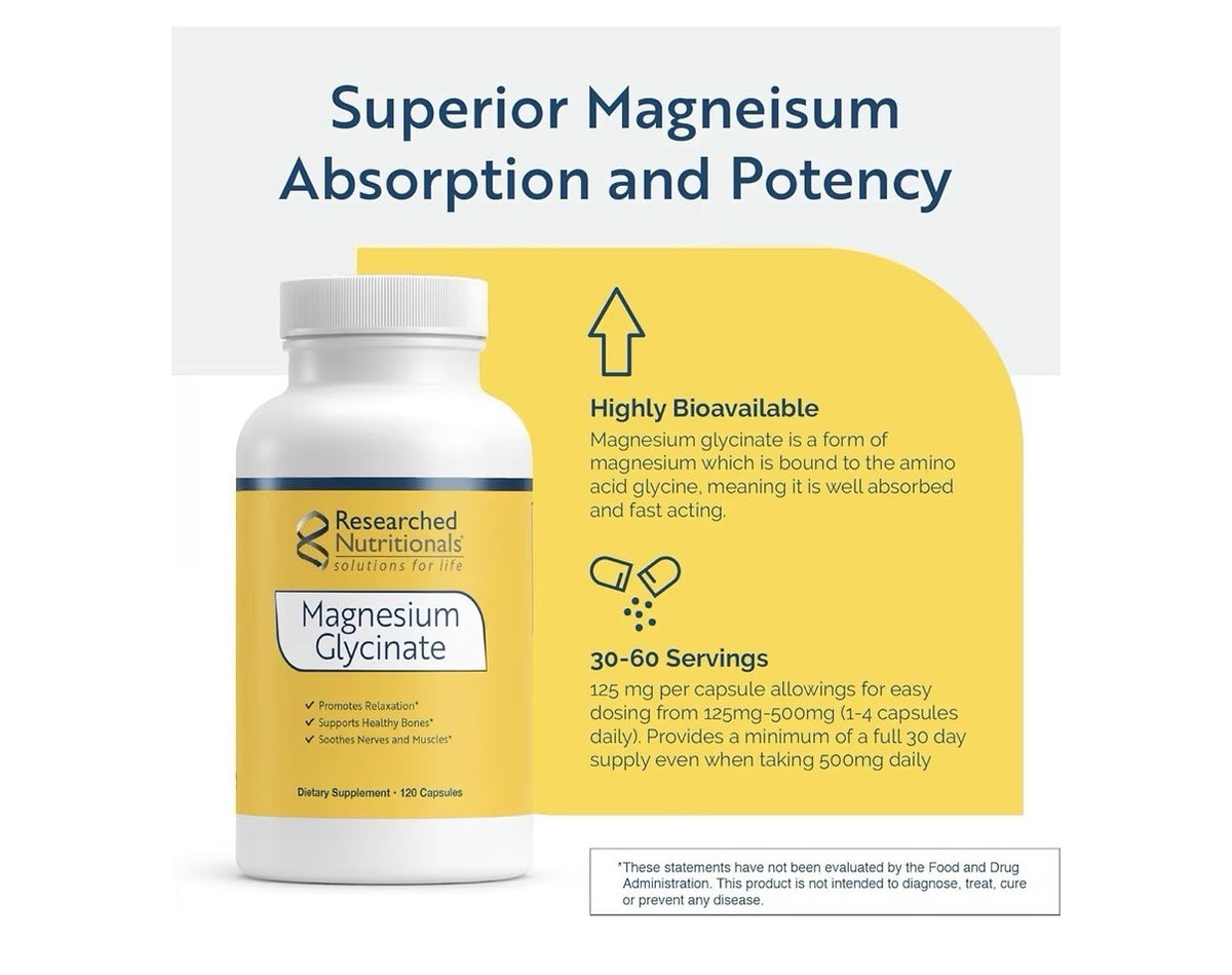 Researched Nutritionals Magnesium Glycinate Relaxation Bone Nerves health 120cap