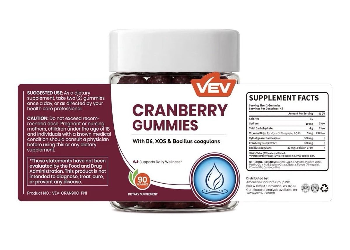 VEV Cranberry Gummies for Women Supports Daily Wellness 90 Gummies