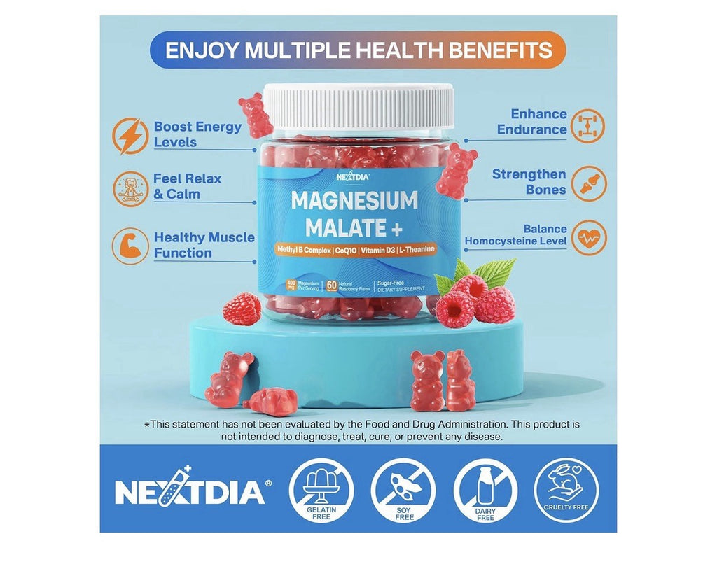 Nextdia Magnesium Malate +  Gummies for Adults Energy Muscle Support 2 Pack