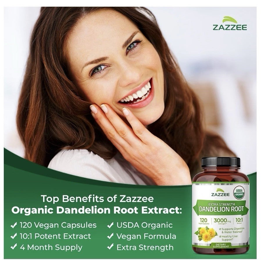 Zazzee Dandelion Root Digestive Water Balance Liver Support 4 Month Supply 120ca