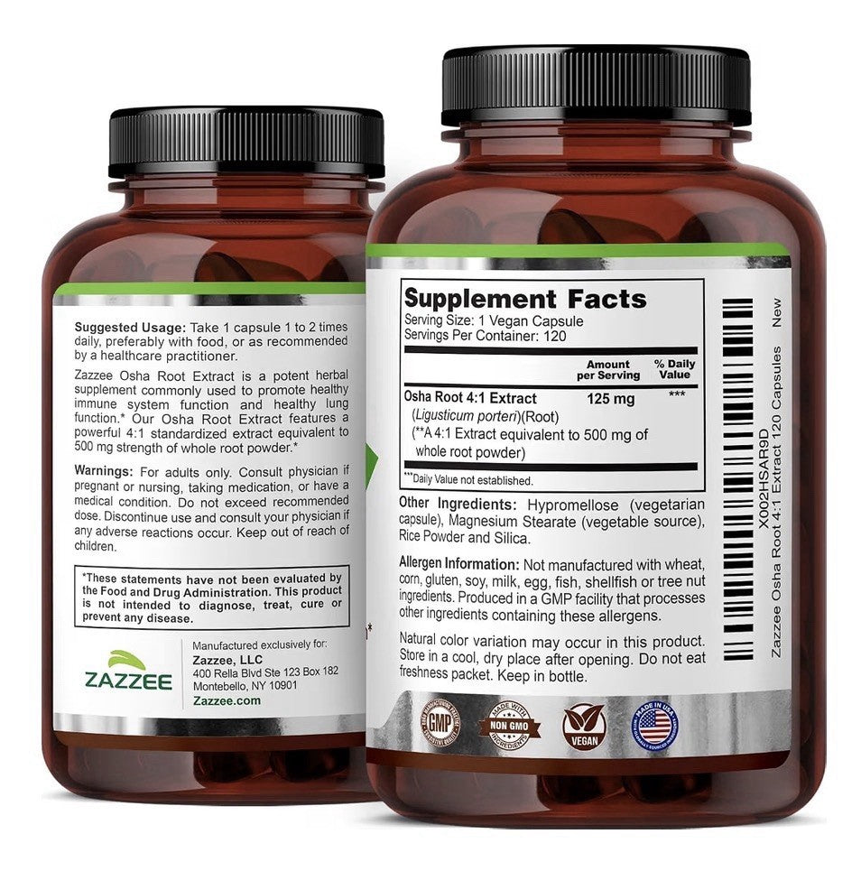 Zazzee OSHA Root Extract healthy Immune Lung Function 4 Month Supply 120 Capsule