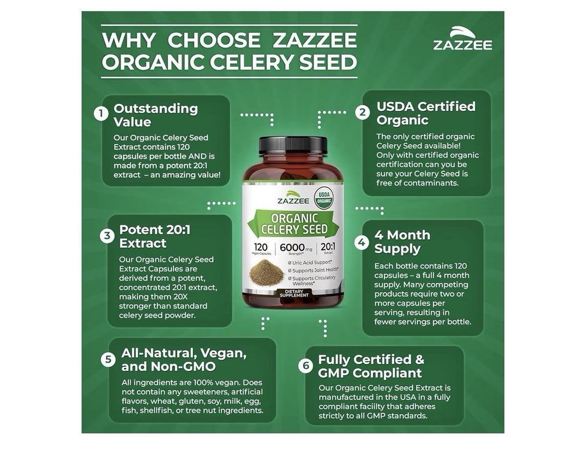 Zazzee Organic Celery Seed Uric Acid Support Joint Health Circulatory 120Capsule