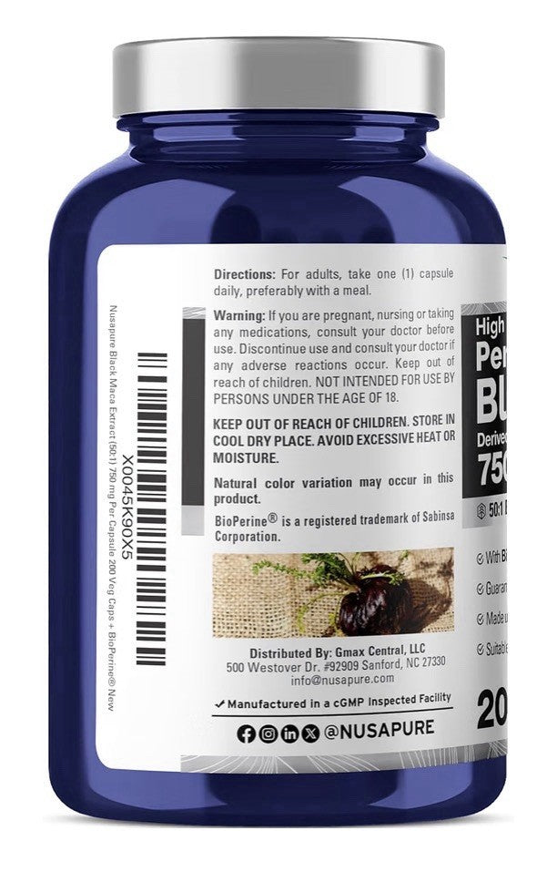 NusaPure Peruvian Black Maca Root 750mg 200 Veg Capsules 200 Servings