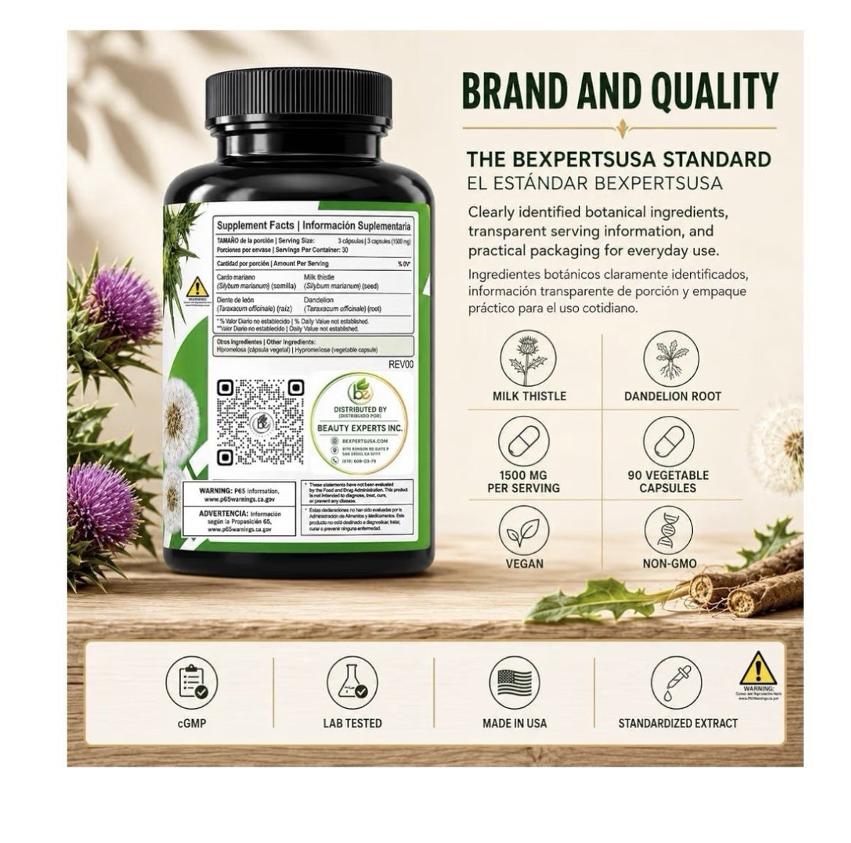 B-Experts Cardo Mariano reforzado con diente Leon Milk Thistle Dandelion 90 Caps