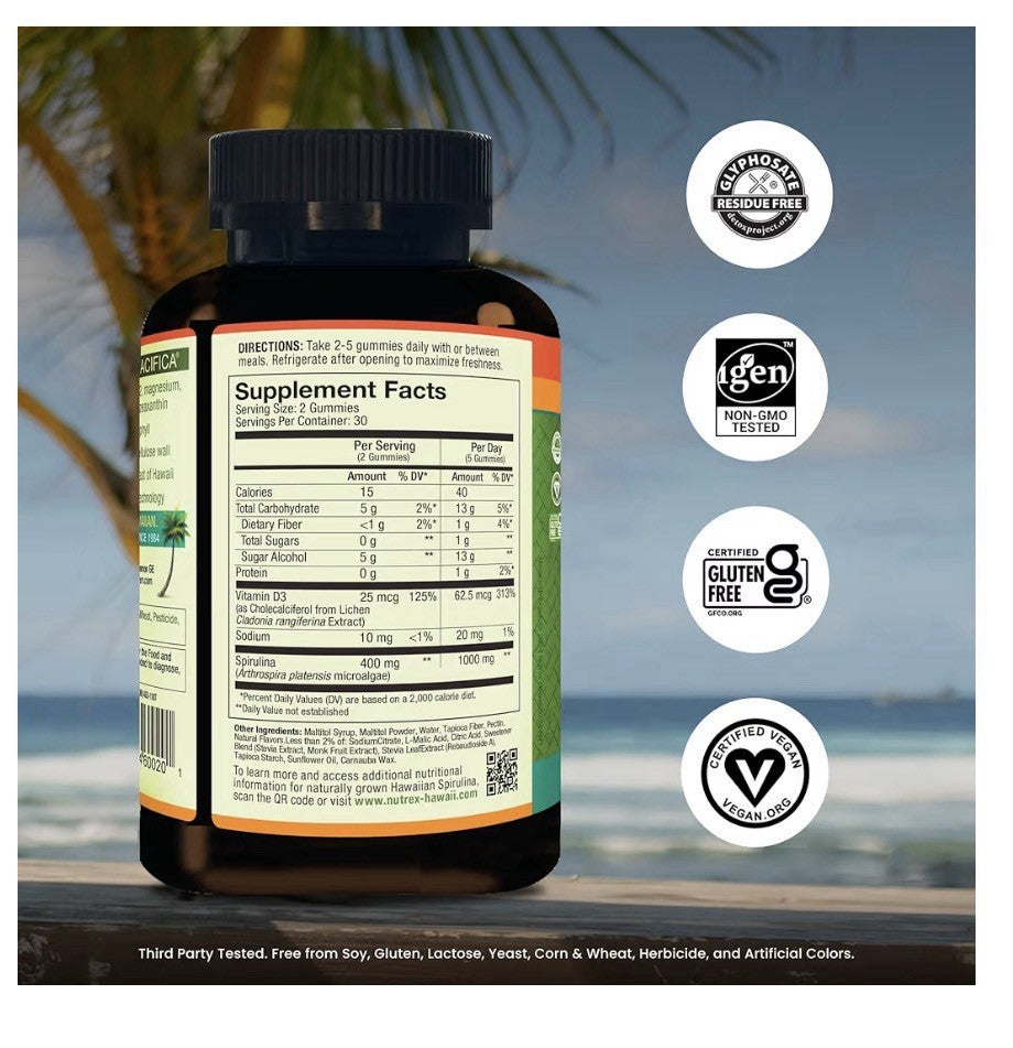 Nutrex Hawaii Pure Hawaiian Spirulina Immune Energy Celluar support 60 Gummies