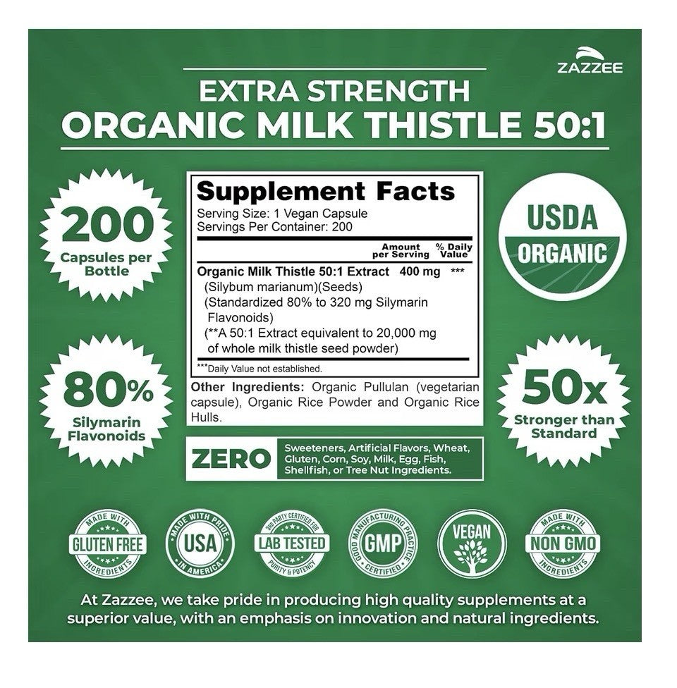 Zazzee Milk Thistle Extra Strength 50:1 Extract Healthy Liver Cleanse Detox 200c